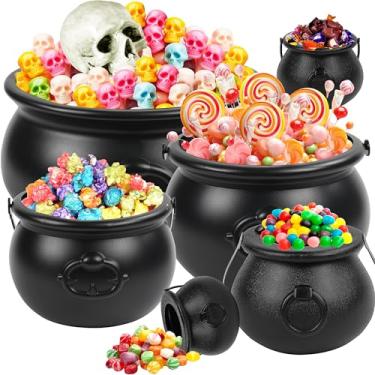 Imagem de 6 peças de chaleiras grandes de caldeirão de Halloween, caldeirões de bruxa, pote de bruxa preto de plástico, balde de doces para lembrancinhas de festa de Halloween, decoração interna e externa