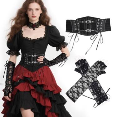 Imagem de EpicCos Renaissance Faire Black Elegant Women Lace Corset Length Sleeves Set, Dark Gothic Dress Up for Halloween Costume