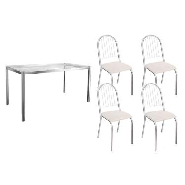 Imagem de Sala de Jantar Completa Reno c/ Tampo de Vidro 150x80cm e 4 Cadeiras Noruega Cromada/Branco 106 - Kappesberg