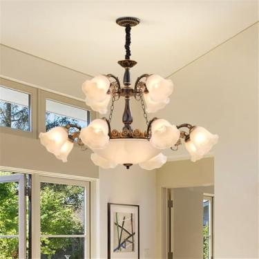 Imagem de OUFULA Lustre retrô americano LED Europeu Luxo Sala de Estar Restaurante Quarto Estudo Villa Hotel Café Lâmpada Pendente (H 12 luzes)