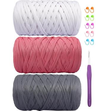 Imagem de Camiseta de 400 g de tecido elástico de crochê para tricô DIY, fio de crochê grosso espaguete para mão, bolsa faça você mesmo, cesta de almofada, projetos de crochê, decoração de casa, branco + rosa