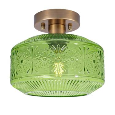 Imagem de Luminária de teto de montagem semiembutida, luminária de teto pequena vintage, luminária de corredor de vidro espesso, lâmpada de montagem de teto de cozinha de latão com vidro verde para entrada