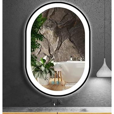 Imagem de DIDIDADA Espelho de LED oval preto de 81 x 50 cm para banheiro, salão de beleza, parede, montagem horizontal/vertical, 81 cm, moldura preta, espelho oval iluminado com luzes, memória inteligente