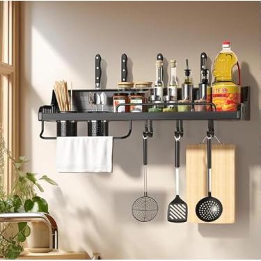 Imagem de Prateleira Organizador Suspenso Multiuso de Parede em Aço Carbono 48cm com Suporte e Ganchos – Porta Temperos, Utensílios e Acessórios para Cozinha, Banheiro e Lavanderia – Cor Preta