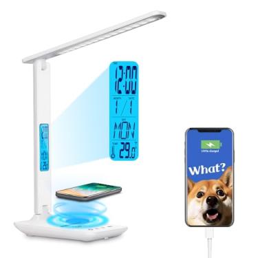 Imagem de Lâmpada de mesa LED multifuncional com carregador sem fio, porta de carregamento USB, relógio, suporte de telefone, lâmpadas de mesa para escritório em casa, lâmpada de leitura para cuidar dos olhos, lâmpada de estudo para meninos, meninas, adolescentes, 3 modos, 5 brilho, branco