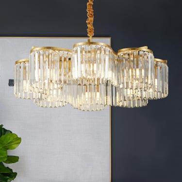 Imagem de Salaiwei Luminária de teto de 77 cm dourada com montagem semiembutida, lustre de cristal moderno dourado 8 luzes com pingente ajustável em altura para quarto, entrada, corredor, cozinha, ilha, sala de