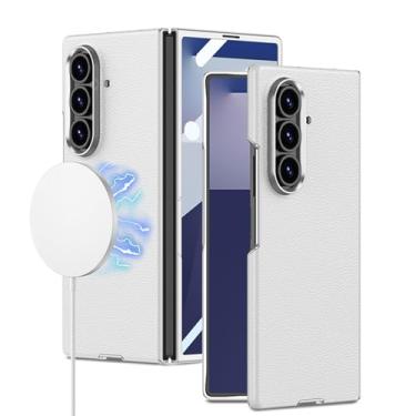 Imagem de POYUFRG Capa magnética para Samsung Galaxy Z Fold 7, capa fina de couro executivo de luxo com tela de vidro temperado capa de proteção de lente, branca, Z Fold 7