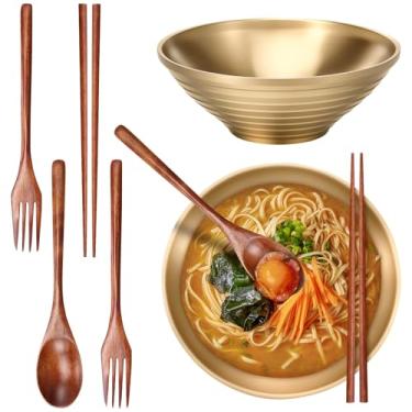 Imagem de Tcwhniev Tigela de macarrão de aço inoxidável, tigela de ramen de aço inoxidável de 1050 ml, conjunto de tigelas de sopa de ramen de tamanho grande, tigela de ramen resistente ao calor com colheres de