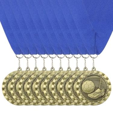 Imagem de PATIKIL Tênis de eventos de futebol em relevo medalhas de bronze com fitas azuis, 10 medalhas de vencedor, ouro, prata, bronze, prêmios para competições, festas esportivas, vermelho