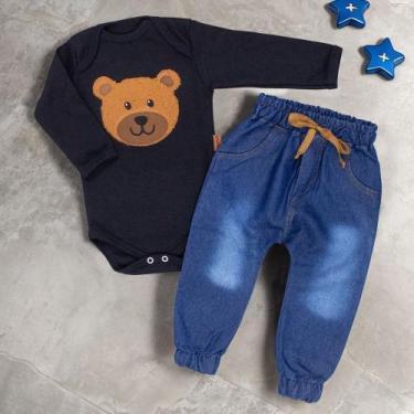 Imagem de Conjunto Bebê Urso Charmoso Body Preto Bordado E Calça Jeans - Era Uma