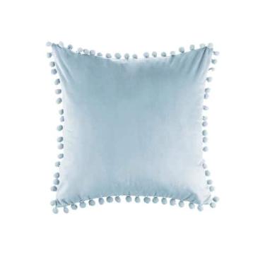 Imagem de Capa de almofada de veludo com pompom azul claro 42x42cm - Lightbek Of