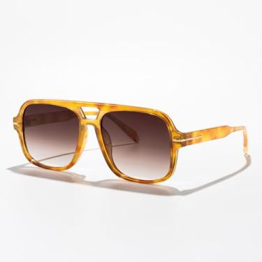 Imagem de Óculos de sol quadrados aviador de ponte dupla fashion para homens e mulheres óculos de sol retrô piloto para dirigir, viajar ao ar livre, estilo UV400, Armação de leopardo amarelo/lente marrom