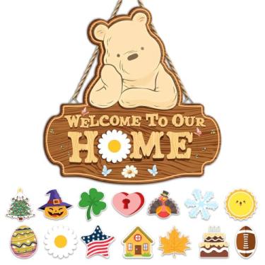 Imagem de Hatzelou Placa De Boas-Vindas Do Ursinho Pooh Para Decoração Porta, Com Feriado Intercambiável, Casa Fazenda, Perfeita Presente Inauguração