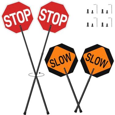 Imagem de Pacote com 2 placas Stop Slow 45,7 x 45,7 cm com alça telescópica de 167,6 cm, placa de sinalização portátil dupla face, sinalização de trânsito refletiva de alumínio ajustável com filme de grau de