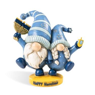 Imagem de Bechivie Estatuetas de gnomo Happy Hanukkah de 12,7 cm, decorações de gnomos de Chanucá de resina azul para casa com Menorahs Dreidel, pequenos presentes judeus fofos para férias, bandeja interna em