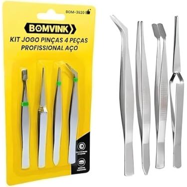 Imagem de Kit com 4 Pinças Profissionais BOMVINK em Aço Carbono BOM3620 – Alta Precisão para Eletrônica, Relojoaria e Manutenção de Celulares