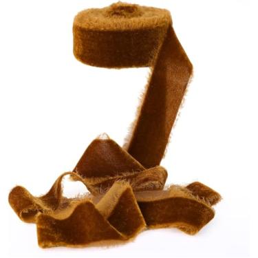 Imagem de Skypure Fita de veludo com borda desgastada de 1,5 x 5 metros, veludo de seda oliva para bricolagem de Natal, embrulho de presente, grinalda, buquê e artesanato de decoração de casa (fita de veludo
