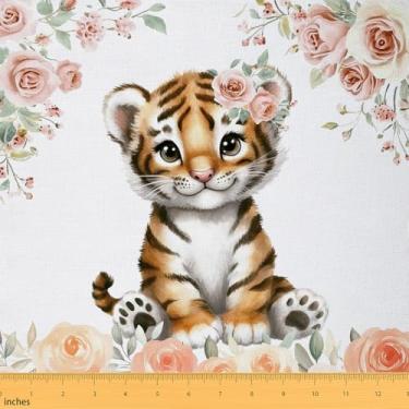 Imagem de Erosebridal Tecido de tigre de desenho animado por jarda, tecido de estofamento de animais da selva safári para estofamento DIY, material pastoral floral natural rosa selvagem, 2 metros, laranja preto