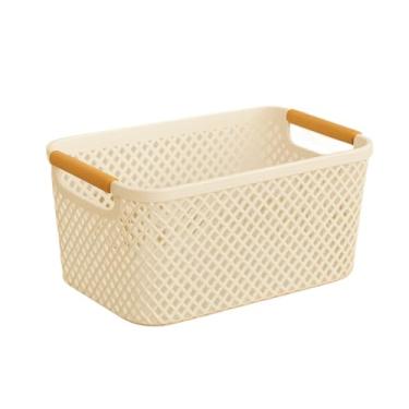 Imagem de Cesto Organizador de Plástico com Alça de Bambu – Preto ou Branco, Tamanhos M e G Cozinha Banheiro(BRANCO CLEAN G-37cmx23cmx16cm)