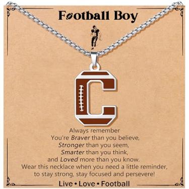 Imagem de JoycuFF Colar de futebol masculino com inicial A-Z, pingente de pingente de futebol em corrente de prata de aço inoxidável, presente de Natal personalizado para filho, neto e sobrinho, Aço inoxidável