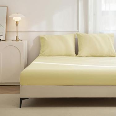 Imagem de JIYUAN Jogo de lençol Queen 100% algodão lavado, confortável, macio e respirável, lençol com elástico profundo (cabe em colchões de até 43 cm) + 2 capas, amarelo claro