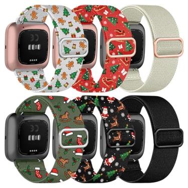 Imagem de Zspoly Pacote com 6 pulseiras elásticas natalinas compatíveis com Fitbit Versa 2/Versa 1/Lite/SE para mulheres e homens, pulseira de reposição de nylon elástico ajustável para relógio inteligente