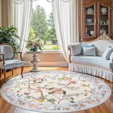 Imagem de jinchan Tapete circular de 2,3 m, floral, lavável, antiderrapante, interior, netural, flor, grande, tapete redondo, macio, para sala de estar, quarto, sala de jantar, bege/azul