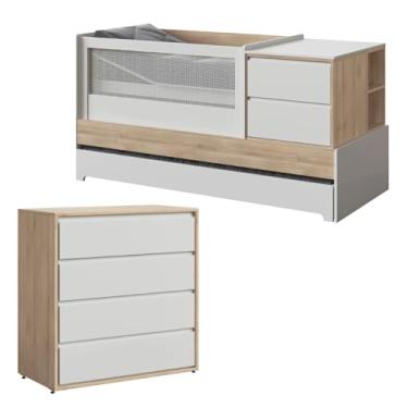 Imagem de Quarto de Bebê Completo Sol e Mar Divicar com Berço Multifuncional e Cômoda 4 Gavetas MDF com Acabamento Laca UV e Design Moderno Transformável em Cama e Escrivaninha (Branco/Carvalho Treviso)