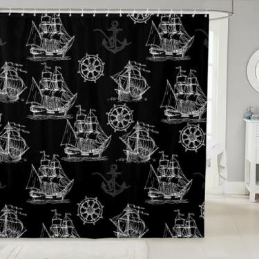 Imagem de jejeloiu Cortina de chuveiro com tema náutico para decoração de banheiro 183 cm x 183 cm Cortina de banho infantil estampada em veleiro para meninos e meninas, acessórios de banheiro preto e branco