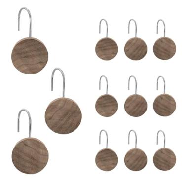 Imagem de Anéis de ganchos redondos para cortina de chuveiro, ganchos decorativos de madeira modernos resistentes à ferrugem, 12 peças de ganchos de chuveiro para varão de chuveiro de banheiro, quarto, sala de