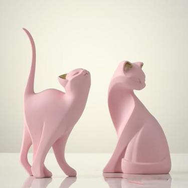 Imagem de OINRG 2 peças de estátua de gato rosa - estatueta geométrica de arte de escultura de animal - decorações modernas para casa - escultura de resina para presente de escritório (rosa)