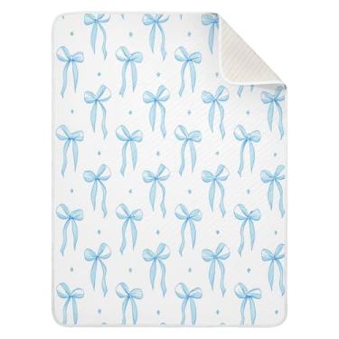 Imagem de Qilmy Cobertor de bebê com laço de fita azul 76 x 101 cm, cobertor infantil de algodão macio para meninos e meninas, cobertor leve e quente para bebês e bebês recém-nascidos