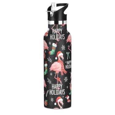 Imagem de Joisal Garrafa de água infantil de aço inoxidável para escola, flamingos rosa de Natal preto 590 ml parede dupla à prova de vazamento garrafas de água isoladas copos de viagem infantis com tampa de