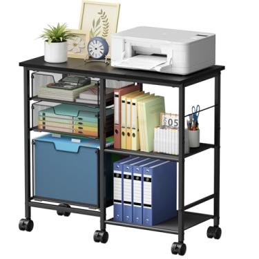 Imagem de Sbanmao Armário de arquivo com 3 gavetas com prateleira de armazenamento aberta, armazenamento sob a mesa, organizador de pastas de arquivos suspensos com rodas, suporte de impressora móvel, carrinho