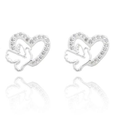 Imagem de Brinco Prata Feminino Coração Cravejado Pedra Zirconia Paz - Lojas La&