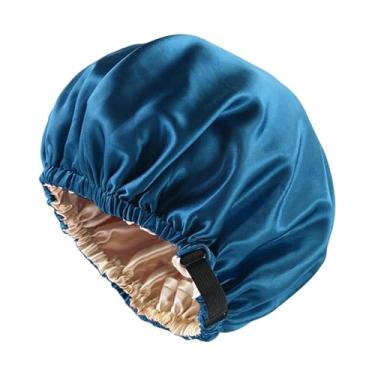 Imagem de MotiveTech Touca de cetim reutilizável para dormir, ideal para SPA, maquiagem, lavar o rosto e tomar banho, Azul