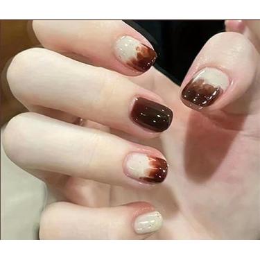 Imagem de Unhas quadradas de pressão, unhas curtas de gel macio, 12 tamanhos – 24 kit de manicure falso, pudim de caramelo