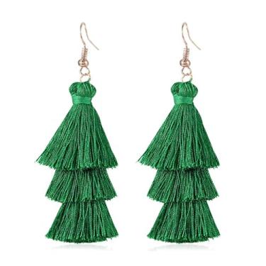 Imagem de Brincos femininos boêmios de borla – Brincos leves com 3 camadas de franjas coloridas, joias boho, Large, Algodão, Sem pedra preciosa