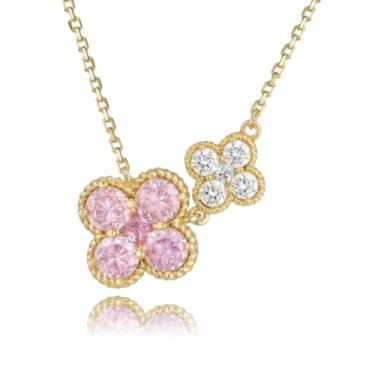 Imagem de Liiusgelad Colar de ouro feminino, pedra do mês de nascimento de zircônia e pulseira com pingente de trevo de quatro folhas, pingente de flor dourada delicada, trevo rosa/turquesa, presente para dama