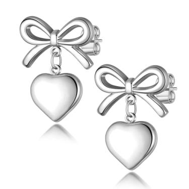 Imagem de Brincos femininos pendentes de coração de aço inoxidável, brincos longos com pingente de laço, banhado a ouro, caixa de presente incluída, ONESIZE, Aço inoxidável, Sem pedra preciosa