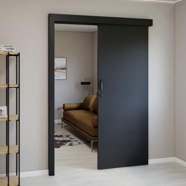 Imagem de Kit Porta de Madeira de Correr Completa 213cm X 90cm Batente Regulável 20 a 22,5 Incoportas Preto