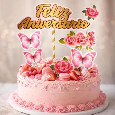 Imagem de Topo De Bolo Parabéns Flores Borboletas Enfeites Topper - Shop da Cris