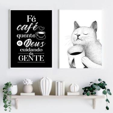 Imagem de Kit 2 Quadros Gatinho Café Amor E Fé 24X18Cm - Com Vidro