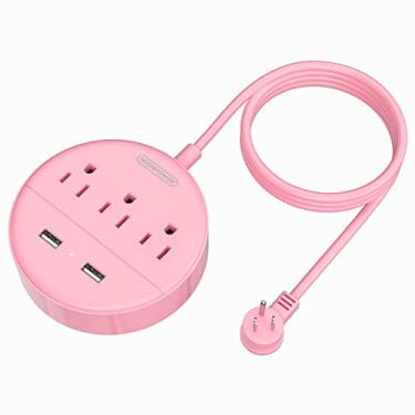 Imagem de Cabo de extensão de 3 m de comprimento faixa de energia com USB, estação de carregamento rosa NTONPOWER com 3 saídas e 2 USB, plugue plano de faixa de energia de viagem, montagem na parede para escritório em casa dormitório e navio de cruzeiro, listado pela ETL