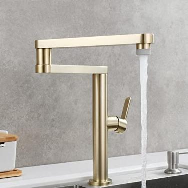 Imagem de Torneira de cozinha quente e fria totalmente em cobre, lavatório, lavatório, pia giratória universal telescópica, torneira dobrável, ouro escovado