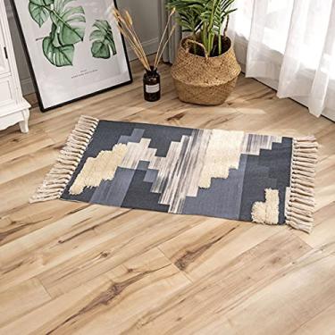 Imagem de jia cool Tapete de área de algodão boêmio, feito à mão, tapete de borlas para área interna, banheiro, quarto, sala de estar, tapete para lavanderia 60 x 90 cm
