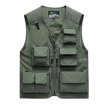 Imagem de Colete de pesca com bolsos fotografia ao ar livre jaqueta malha traseira colete utilitário de trabalho de verão jaqueta versátil, verde, GG
