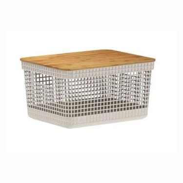 Imagem de Cesto Organizador Grid Com Tampa Em Bambu 8L Ou Bege