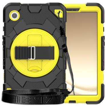 Imagem de Capa de TPU resistente à prova de choque para Samsung Galaxy Tab A9 8,7 polegadas modelo 2023 (SM-X110/X115) capa protetora robusta à prova de queda suporte giratório de 360° + alça de ombro (preto + amarelo)