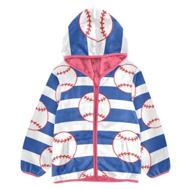 Imagem de KLL Jaqueta de inverno para meninas de lã de ovelha listrada azul beisebol rosa roupas de bebê meninas 3T, Listra azul de beisebol, 4 Anos